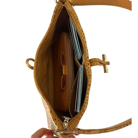 Longchamp Roseau Croc Embossed Shoulder Bag Vintage Leather Y2K Bamboo Toggle
